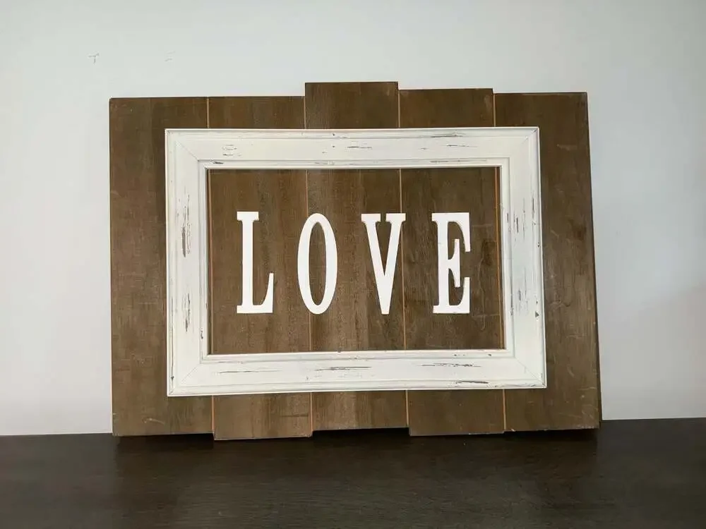 Rustic Farmhouse Style Wooden LOVE Wall Art Sign with Distressed White Frame